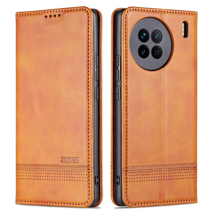 AZNS For vivo X90 5G Cowhide Texture PU Leather Wallet Full Protection Phone Case Stand Magnetic Auto Closure Flip Phone Cover - Brown
