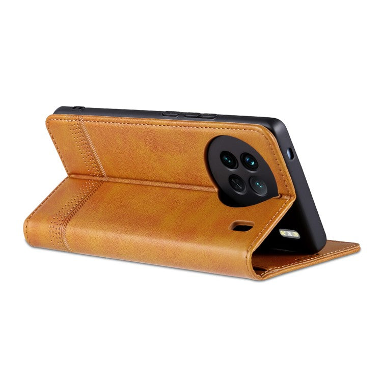 AZNS For vivo X90 5G Cowhide Texture PU Leather Wallet Full Protection Phone Case Stand Magnetic Auto Closure Flip Phone Cover - Brown