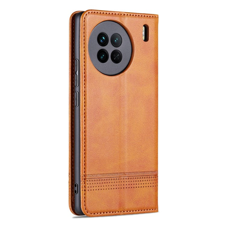 AZNS For vivo X90 5G Cowhide Texture PU Leather Wallet Full Protection Phone Case Stand Magnetic Auto Closure Flip Phone Cover - Brown