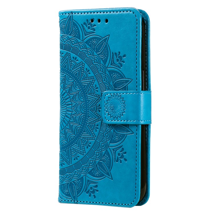 Mobile Phone Case for Oppo A58 5G, Imprinted Mandala Flower Pattern Wallet Stand Phone Cover with Strap - Blue