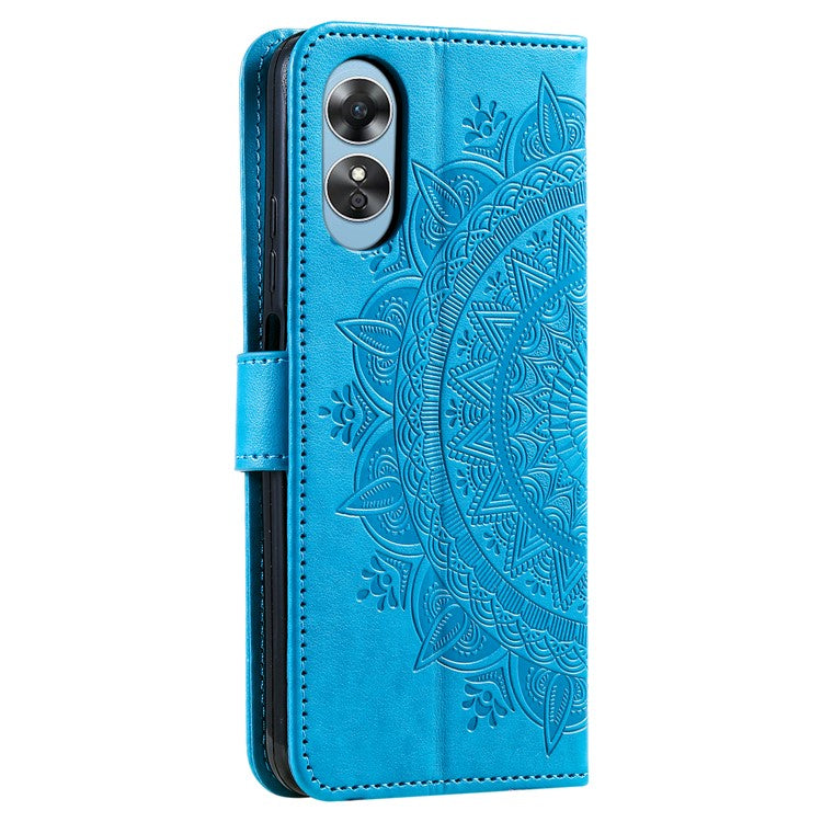 Mobile Phone Case for Oppo A58 5G, Imprinted Mandala Flower Pattern Wallet Stand Phone Cover with Strap - Blue