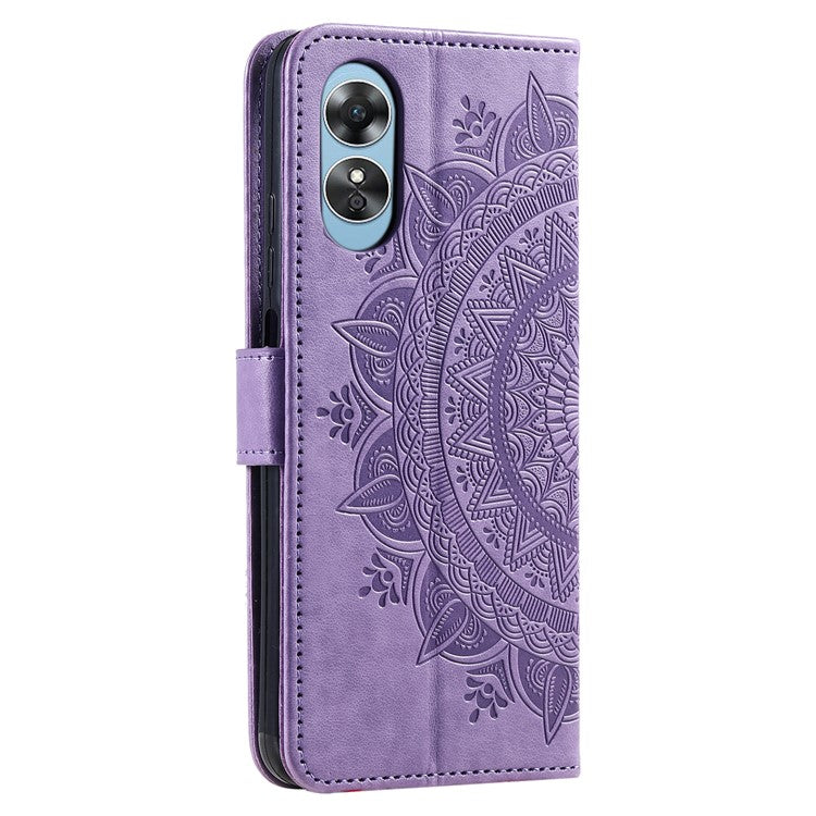 Mobile Phone Case for Oppo A58 5G, Imprinted Mandala Flower Pattern Wallet Stand Phone Cover with Strap - Purple