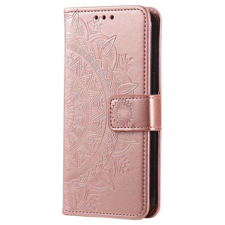 Mobile Phone Case for Oppo A58 5G, Imprinted Mandala Flower Pattern Wallet Stand Phone Cover with Strap - Rose Gold