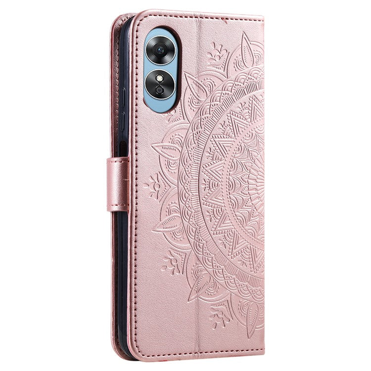 Mobile Phone Case for Oppo A58 5G, Imprinted Mandala Flower Pattern Wallet Stand Phone Cover with Strap - Rose Gold