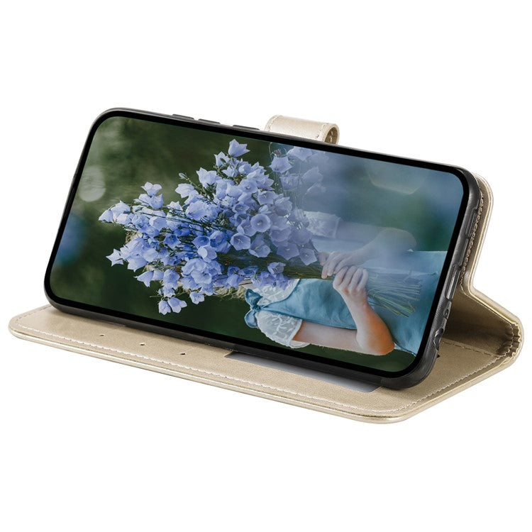Mobile Phone Case for Oppo A58 5G, Imprinted Mandala Flower Pattern Wallet Stand Phone Cover with Strap - Gold