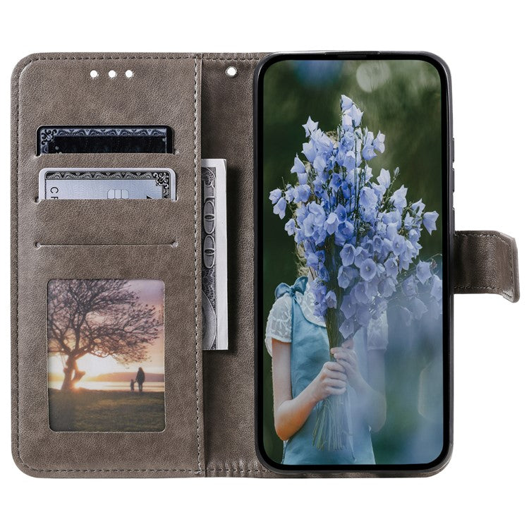Mobile Phone Case for Oppo A58 5G, Imprinted Mandala Flower Pattern Wallet Stand Phone Cover with Strap - Grey