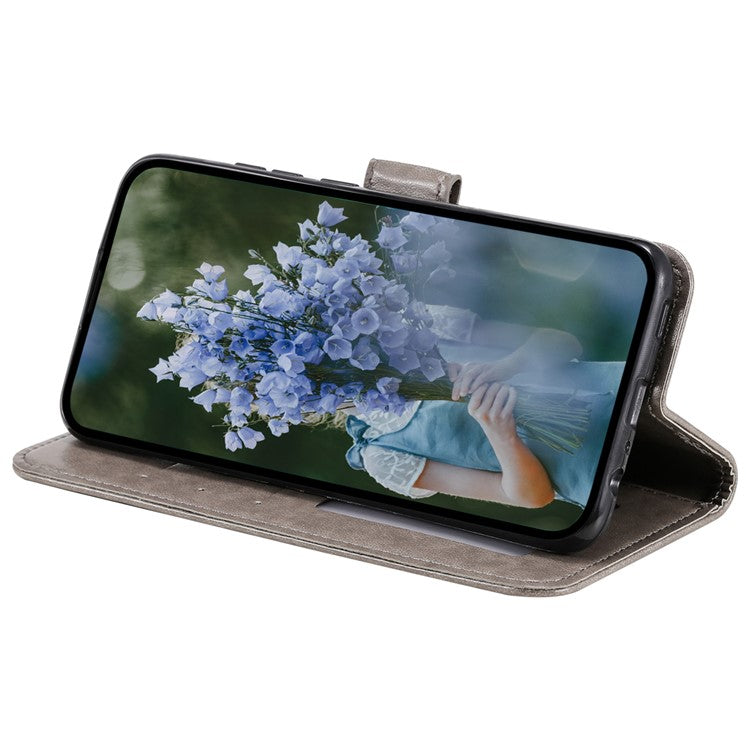 Mobile Phone Case for Oppo A58 5G, Imprinted Mandala Flower Pattern Wallet Stand Phone Cover with Strap - Grey