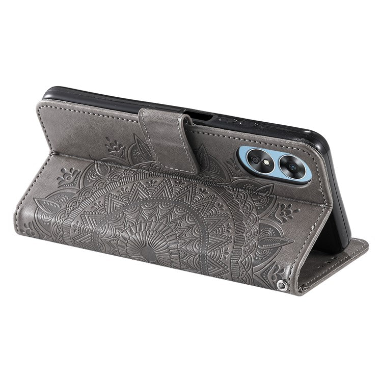 Mobile Phone Case for Oppo A58 5G, Imprinted Mandala Flower Pattern Wallet Stand Phone Cover with Strap - Grey