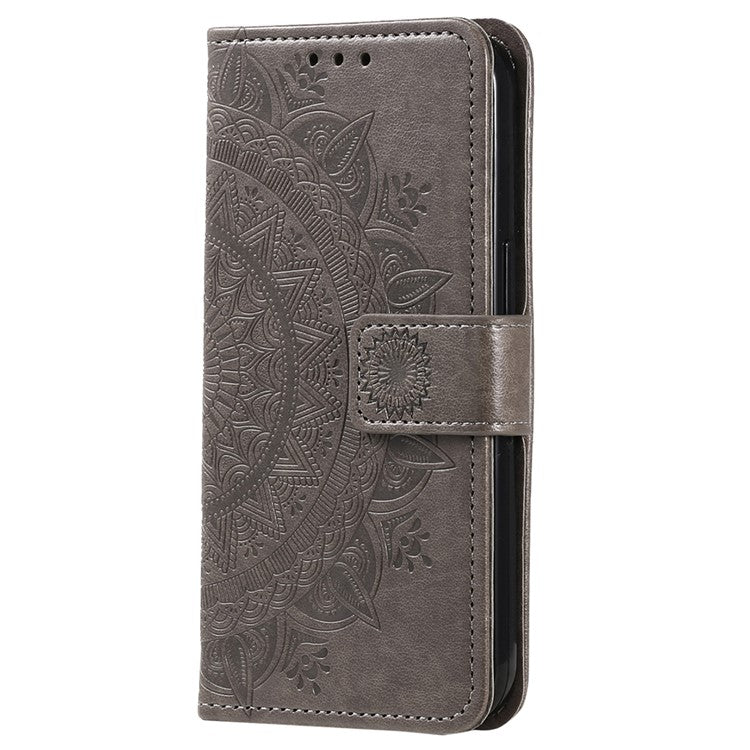 Mobile Phone Case for Oppo A58 5G, Imprinted Mandala Flower Pattern Wallet Stand Phone Cover with Strap - Grey