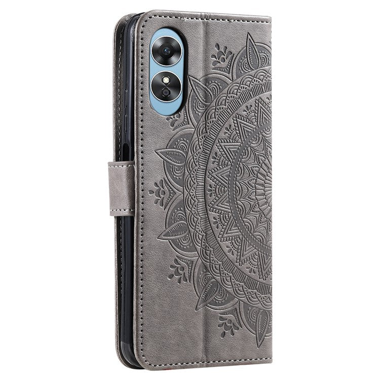 Mobile Phone Case for Oppo A58 5G, Imprinted Mandala Flower Pattern Wallet Stand Phone Cover with Strap - Grey