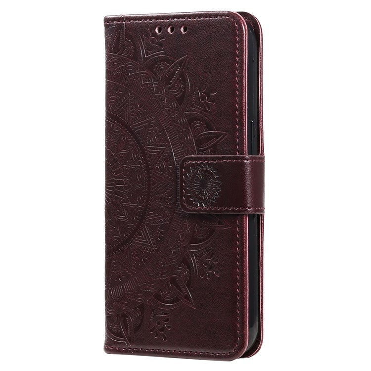 Mobile Phone Case for Oppo A58 5G, Imprinted Mandala Flower Pattern Wallet Stand Phone Cover with Strap - Brown