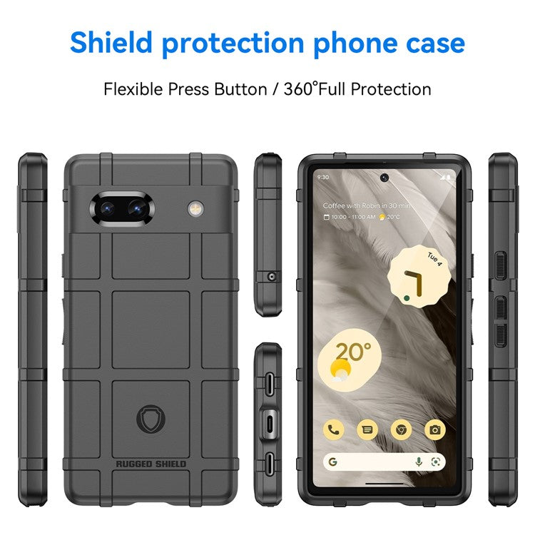 For Google Pixel 7a Phone Case Rugged Square Grid Texture Drop Protection Soft TPU Back Cover - Black