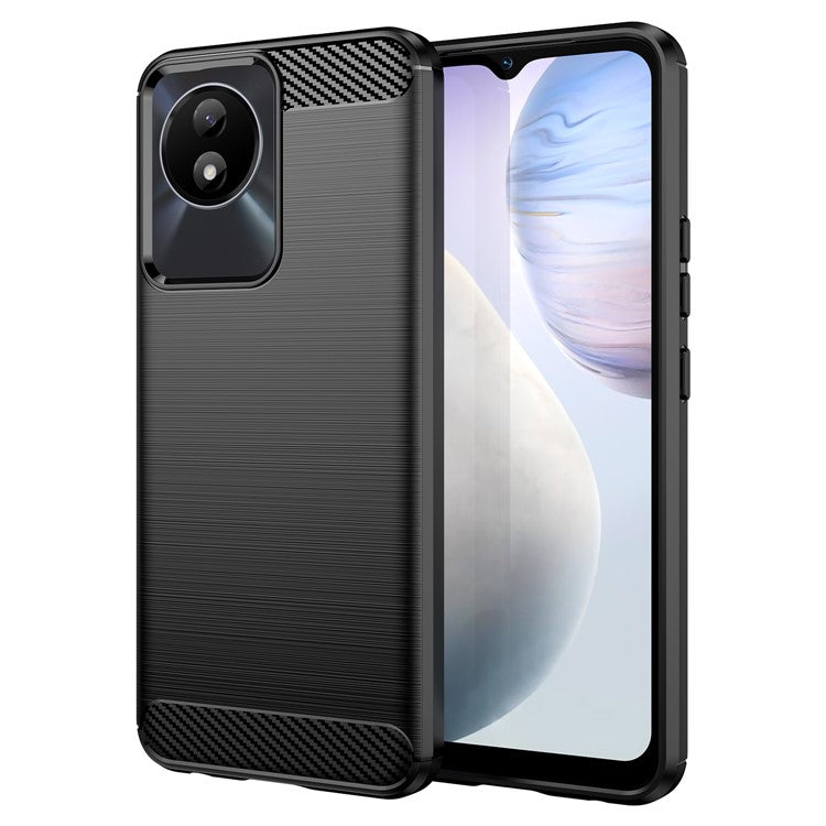 For vivo Y02 4G Shockproof Brushed Mobile Phone Case Carbon Fiber Texture TPU Protective Phone Cover - Black