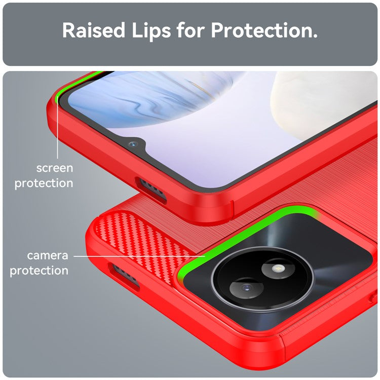 For vivo Y02 4G Shockproof Brushed Mobile Phone Case Carbon Fiber Texture TPU Protective Phone Cover - Red