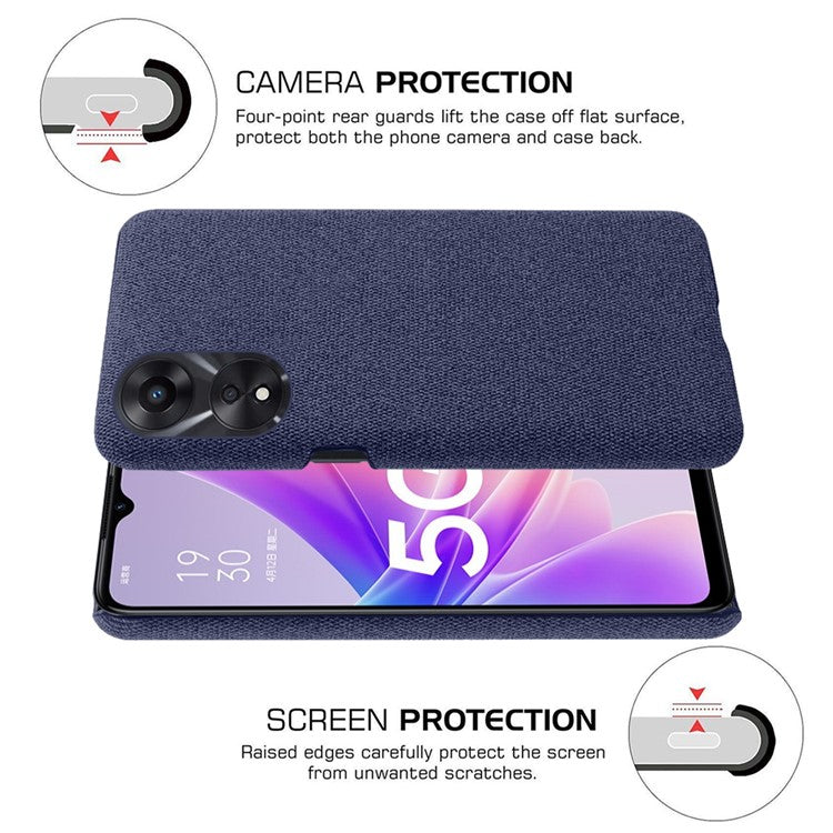 Ultra Slim Smartphone Case For Oppo A58 5G, Anti-fall Solid Color Hard PC Cloth Texture Protective Phone Cover - Blue