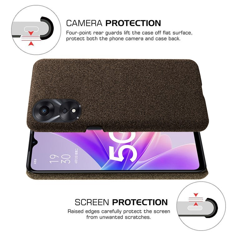 Ultra Slim Smartphone Case For Oppo A58 5G, Anti-fall Solid Color Hard PC Cloth Texture Protective Phone Cover - Brown