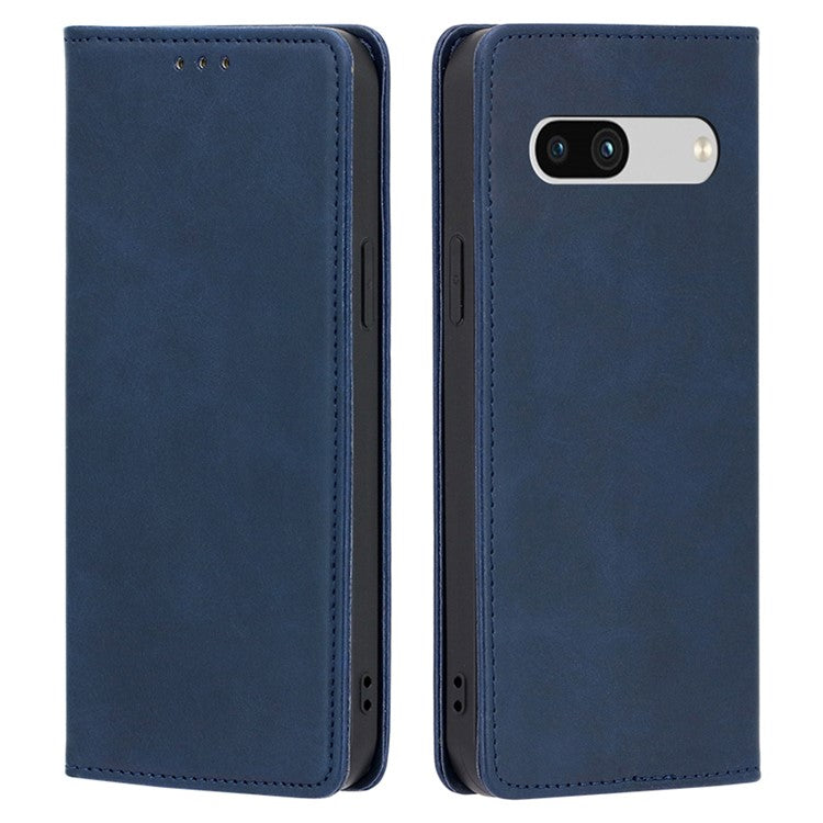 PU Leather Protective Phone Cover For Google Pixel 7a, Magnetic Auto-absorbed Wallet Stand Shockproof Calf Texture Phone Case - Blue
