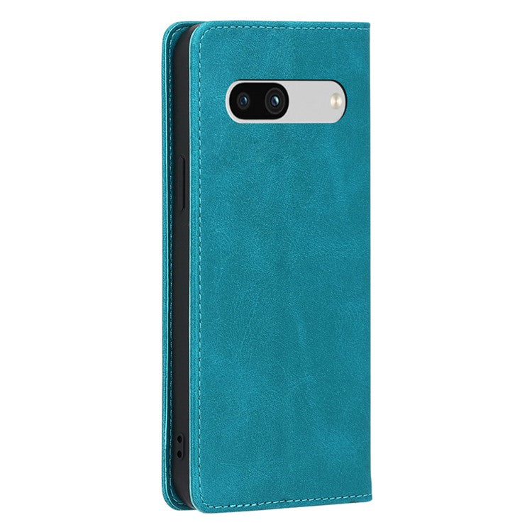 PU Leather Protective Phone Cover For Google Pixel 7a, Magnetic Auto-absorbed Wallet Stand Shockproof Calf Texture Phone Case - Baby Blue
