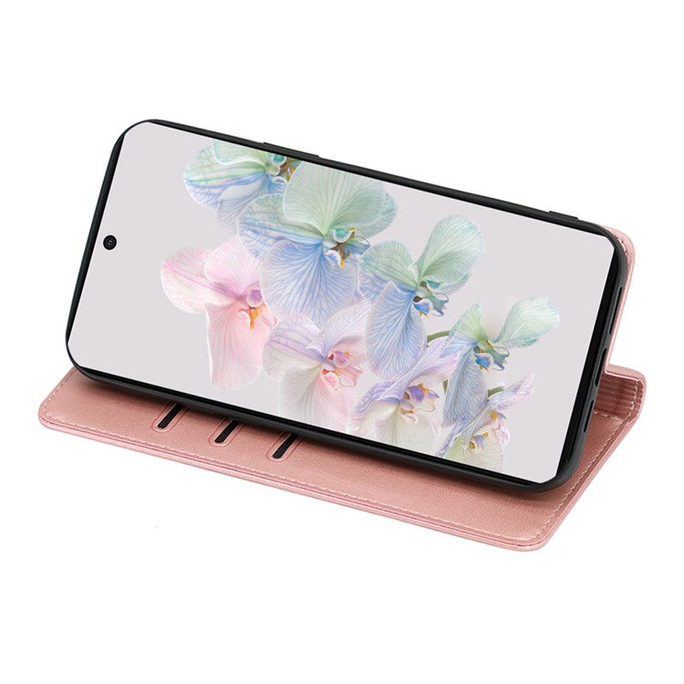 PU Leather Protective Phone Cover For Google Pixel 7a, Magnetic Auto-absorbed Wallet Stand Shockproof Calf Texture Phone Case - Rose Gold