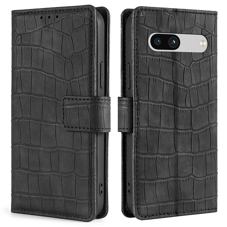 For Google Pixel 7a Crocodile Texture Skin-touch Feeling Phone Case Drop-proof PU Leather Cell Phone Cover with Wallet Stand - Black