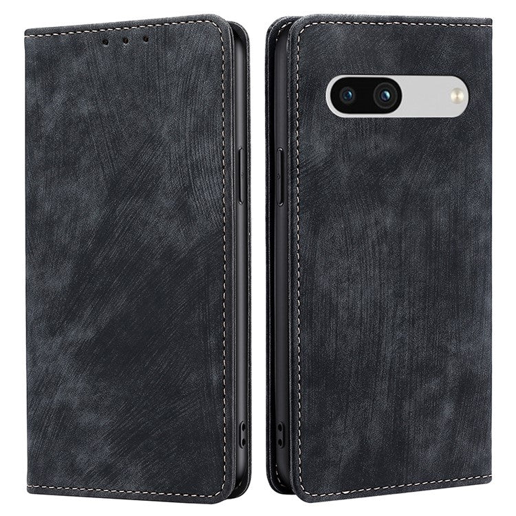 For Google Pixel 7a RFID Blocking Phone Case Foldable Stand Textured PU Leather Magnetic Closure Anti-shock Flip Wallet Cover - Black