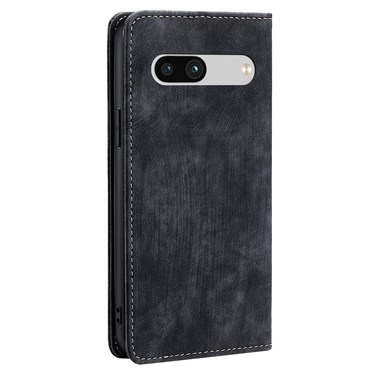 For Google Pixel 7a RFID Blocking Phone Case Foldable Stand Textured PU Leather Magnetic Closure Anti-shock Flip Wallet Cover - Black
