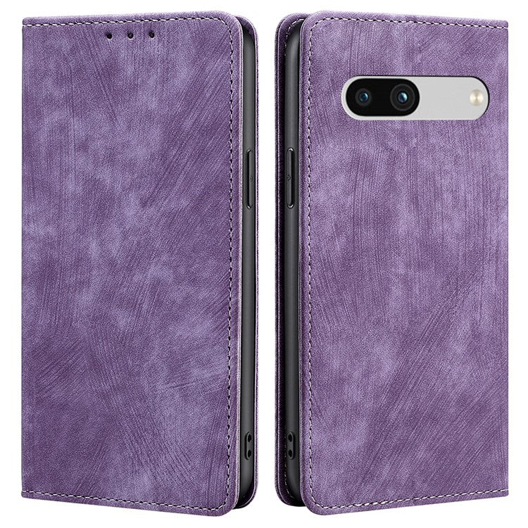 For Google Pixel 7a RFID Blocking Phone Case Foldable Stand Textured PU Leather Magnetic Closure Anti-shock Flip Wallet Cover - Purple