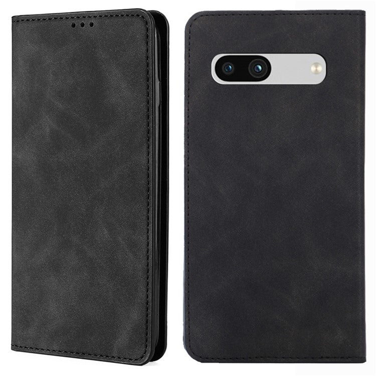For Google Pixel 7a Drop-proof PU Leather Phone Case with Card Holders Skin-touch Feeling Magnetic Auto-absorbed Stand Flip Folio Phone Cover - Black