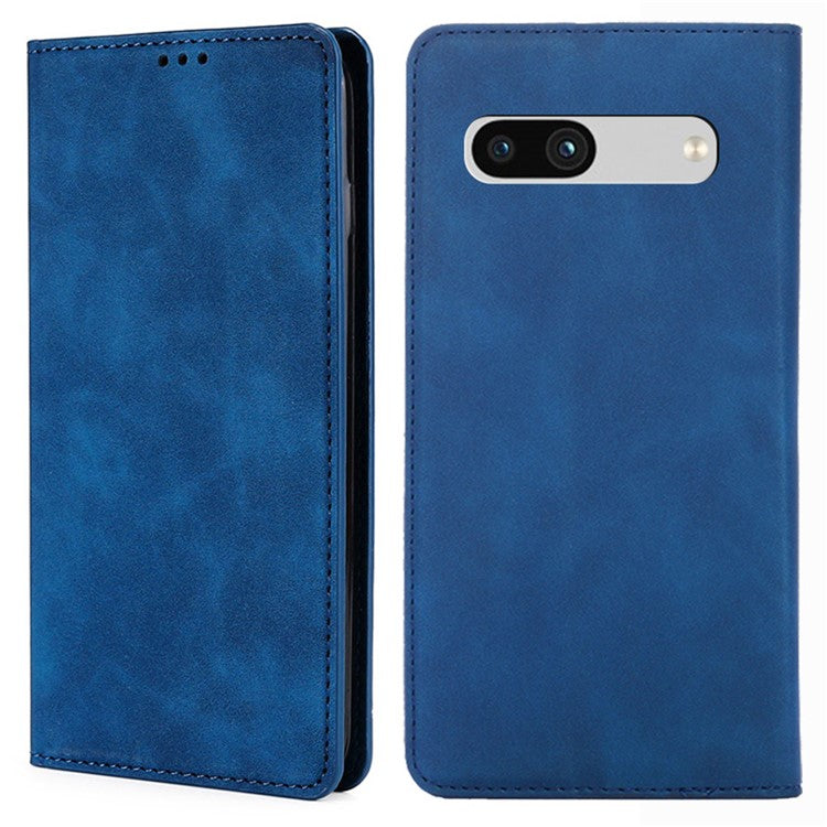 For Google Pixel 7a Drop-proof PU Leather Phone Case with Card Holders Skin-touch Feeling Magnetic Auto-absorbed Stand Flip Folio Phone Cover - Blue
