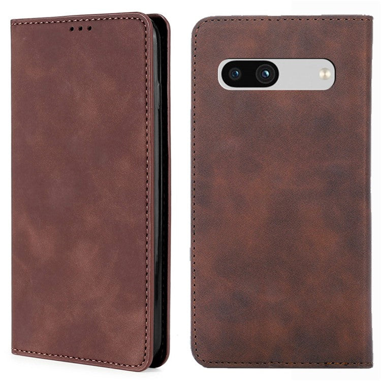 For Google Pixel 7a Drop-proof PU Leather Phone Case with Card Holders Skin-touch Feeling Magnetic Auto-absorbed Stand Flip Folio Phone Cover - Dark Brown