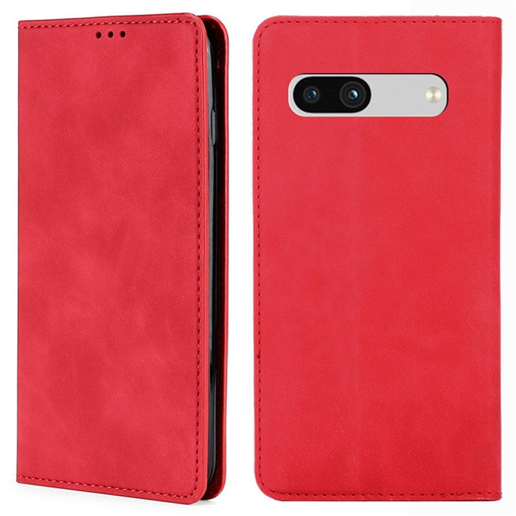 For Google Pixel 7a Drop-proof PU Leather Phone Case with Card Holders Skin-touch Feeling Magnetic Auto-absorbed Stand Flip Folio Phone Cover - Red