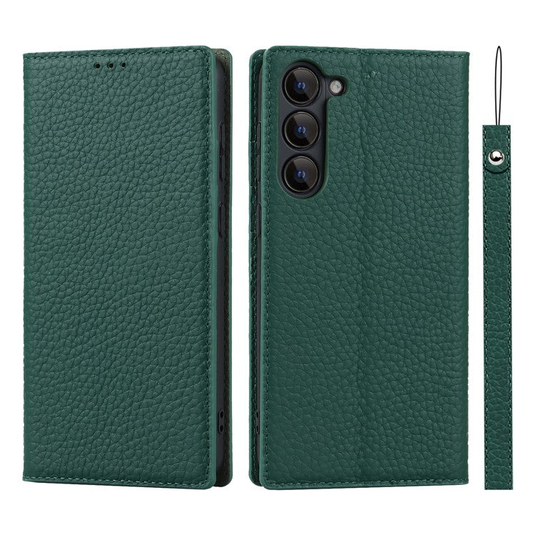 For Samsung Galaxy S23 Shockproof Litchi Texture Phone Case Flip Genuine Leather Wallet Stand Phone Protective Cover with Hand Strap - Green