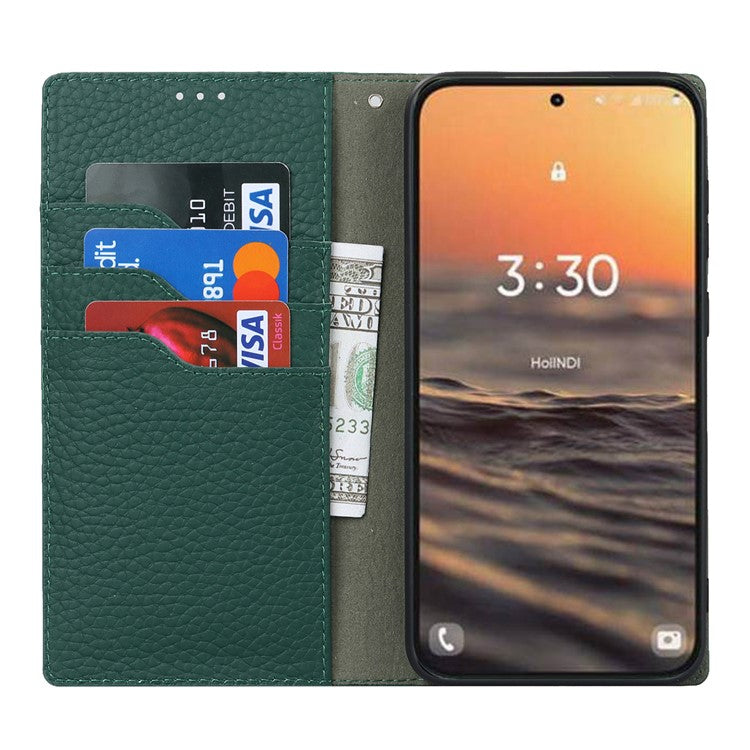 For Samsung Galaxy S23 Shockproof Litchi Texture Phone Case Flip Genuine Leather Wallet Stand Phone Protective Cover with Hand Strap - Green