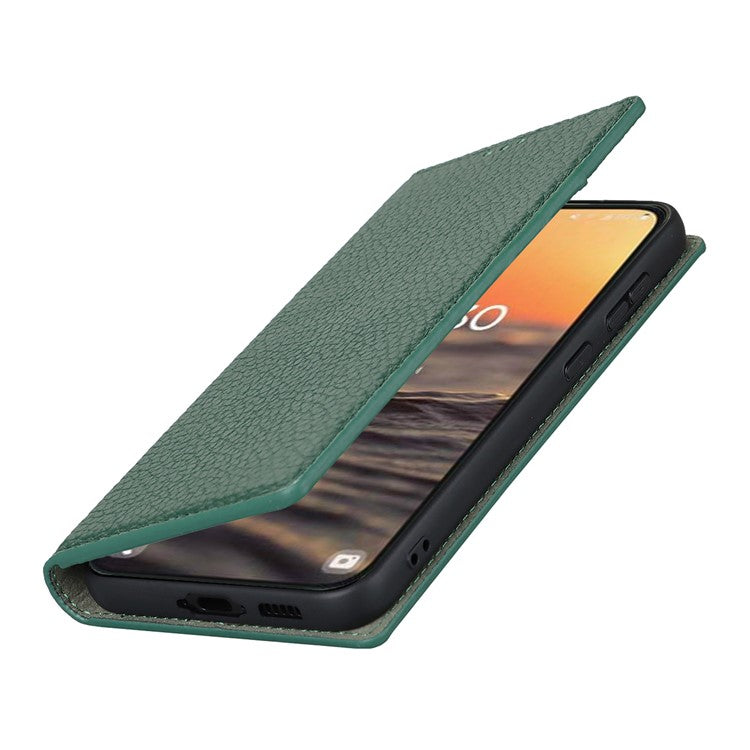 For Samsung Galaxy S23 Shockproof Litchi Texture Phone Case Flip Genuine Leather Wallet Stand Phone Protective Cover with Hand Strap - Green
