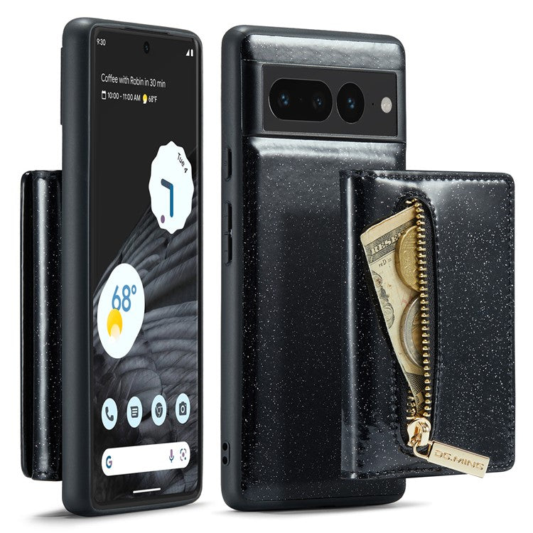 DG.MING M3 Series For Google Pixel 7 Pro 5G Glitter Bling Powder PU Leather Magnetic Anti-drop Phone Cover Detachable PC+TPU Kickstand Wallet Phone Case - Black