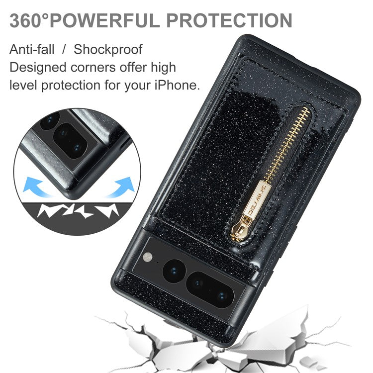 DG.MING M3 Series For Google Pixel 7 Pro 5G Glitter Bling Powder PU Leather Magnetic Anti-drop Phone Cover Detachable PC+TPU Kickstand Wallet Phone Case - Black