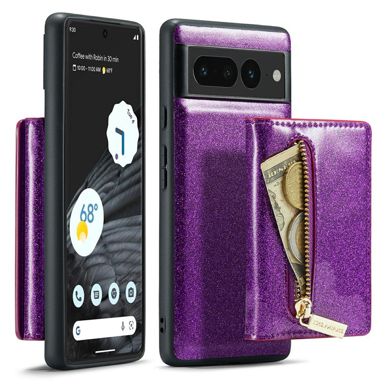 DG.MING M3 Series For Google Pixel 7 Pro 5G Glitter Bling Powder PU Leather Magnetic Anti-drop Phone Cover Detachable PC+TPU Kickstand Wallet Phone Case - Dark Purple