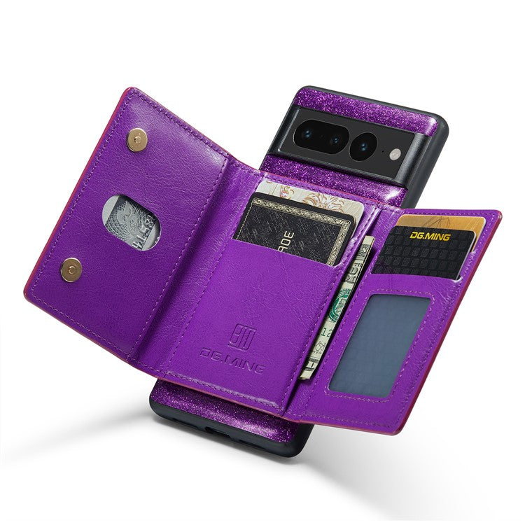 DG.MING M3 Series For Google Pixel 7 Pro 5G Glitter Bling Powder PU Leather Magnetic Anti-drop Phone Cover Detachable PC+TPU Kickstand Wallet Phone Case - Dark Purple