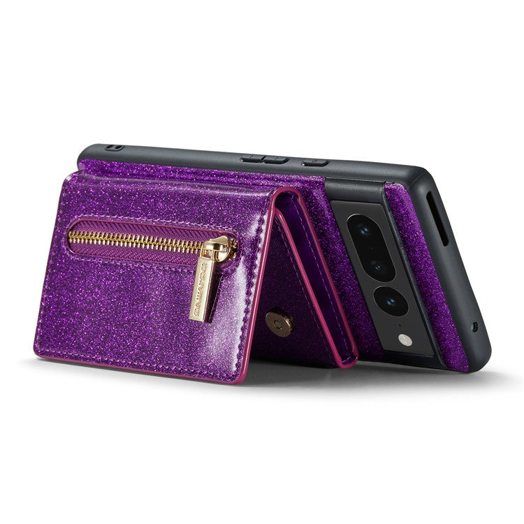 DG.MING M3 Series For Google Pixel 7 Pro 5G Glitter Bling Powder PU Leather Magnetic Anti-drop Phone Cover Detachable PC+TPU Kickstand Wallet Phone Case - Dark Purple