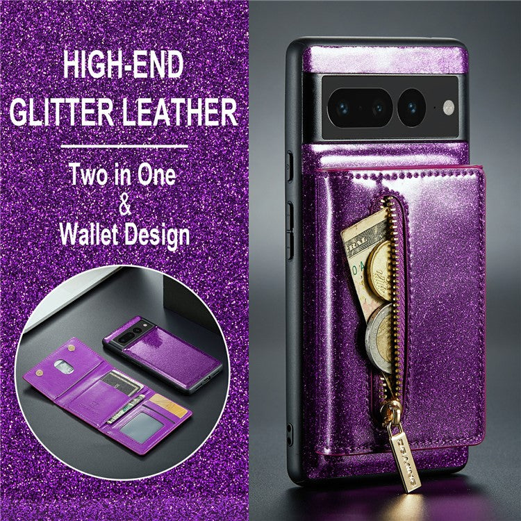 DG.MING M3 Series For Google Pixel 7 Pro 5G Glitter Bling Powder PU Leather Magnetic Anti-drop Phone Cover Detachable PC+TPU Kickstand Wallet Phone Case - Dark Purple