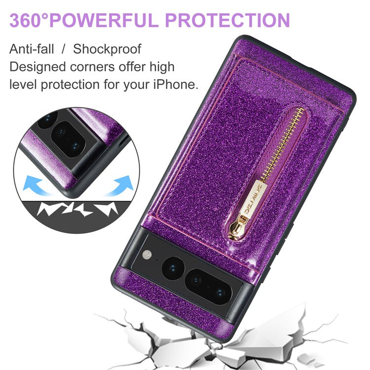 DG.MING M3 Series For Google Pixel 7 Pro 5G Glitter Bling Powder PU Leather Magnetic Anti-drop Phone Cover Detachable PC+TPU Kickstand Wallet Phone Case - Dark Purple