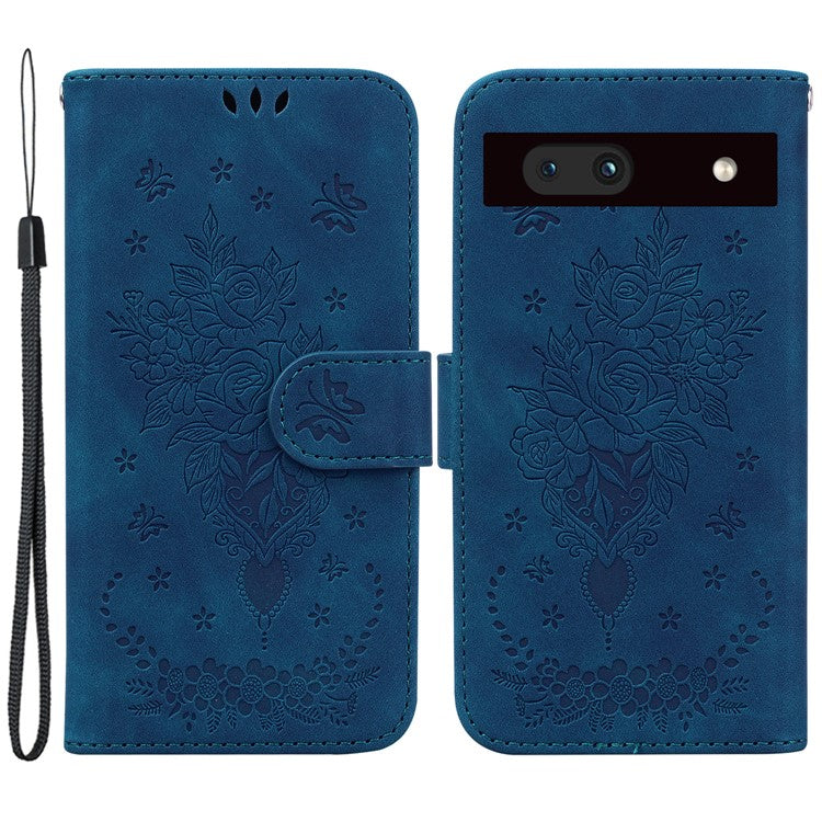 For Google Pixel 7a Anti-collision Imprinted Rose Butterfly PU Leather+TPU Inner Shell Magnetic Closure Wallet Stand Phone Cover with Strap - Blue