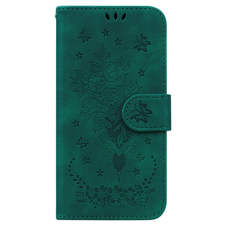 For Google Pixel 7a Anti-collision Imprinted Rose Butterfly PU Leather+TPU Inner Shell Magnetic Closure Wallet Stand Phone Cover with Strap - Green