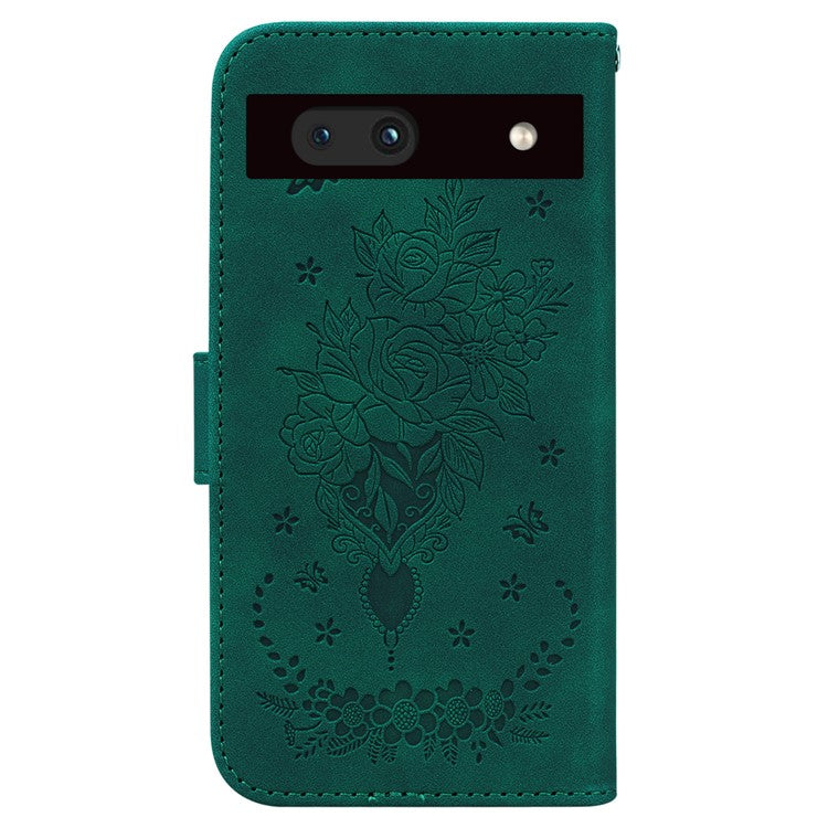 For Google Pixel 7a Anti-collision Imprinted Rose Butterfly PU Leather+TPU Inner Shell Magnetic Closure Wallet Stand Phone Cover with Strap - Green