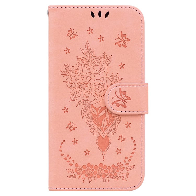 For Google Pixel 7a Anti-collision Imprinted Rose Butterfly PU Leather+TPU Inner Shell Magnetic Closure Wallet Stand Phone Cover with Strap - Pink