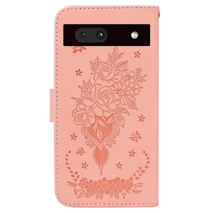 For Google Pixel 7a Anti-collision Imprinted Rose Butterfly PU Leather+TPU Inner Shell Magnetic Closure Wallet Stand Phone Cover with Strap - Pink