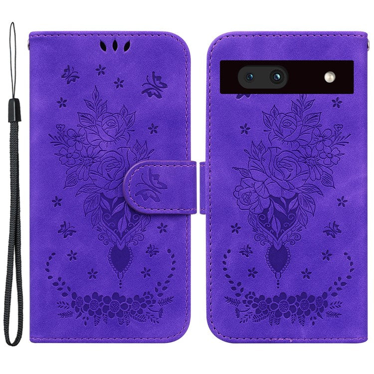 For Google Pixel 7a Anti-collision Imprinted Rose Butterfly PU Leather+TPU Inner Shell Magnetic Closure Wallet Stand Phone Cover with Strap - Purple