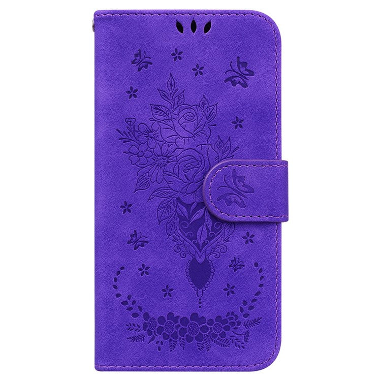 For Google Pixel 7a Anti-collision Imprinted Rose Butterfly PU Leather+TPU Inner Shell Magnetic Closure Wallet Stand Phone Cover with Strap - Purple