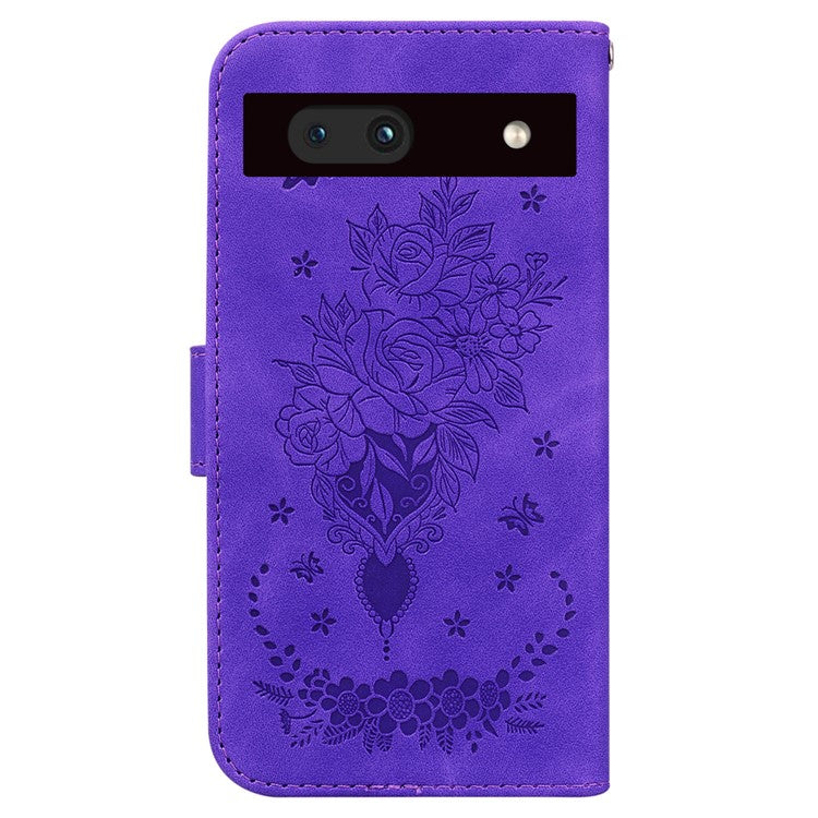 For Google Pixel 7a Anti-collision Imprinted Rose Butterfly PU Leather+TPU Inner Shell Magnetic Closure Wallet Stand Phone Cover with Strap - Purple