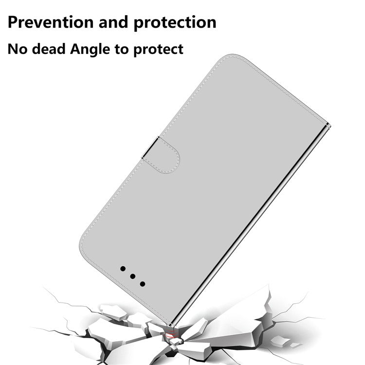 For Google Pixel 7a Mirror-like Surface PU Leather Wallet Phone Case Magnetic Clasp Stand Flip Phone Cover with Strap - Silver